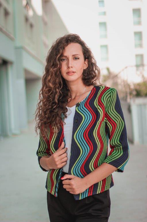 Lumy Jackets in red green and blue on a beautiful model